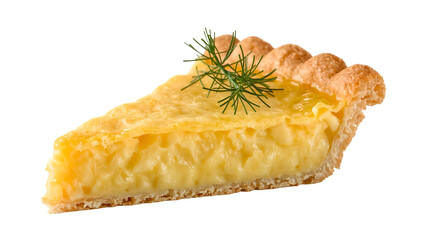 Swedish vsterbotten cheese pie slice with rich yellow filling, crumbly pastry edge, and fresh dill garnish on the transparent background