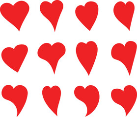Set of red heart shapes isolated on white background, Collection of simple flat love and romance symbols, Vector Red heart icons set, Creative red hearts, Different shapes of heart icon collection