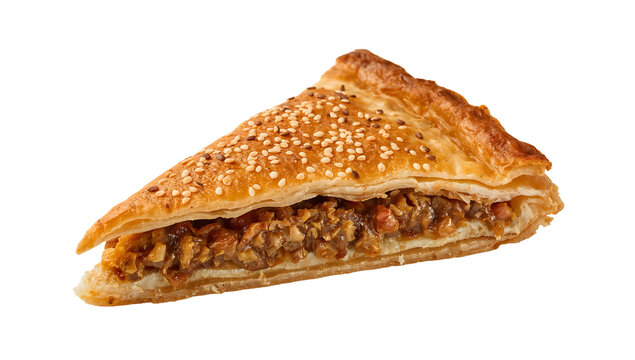 Turkish brek pie triangle with crispy phyllo, spiced minced lamb filling, and toasted sesame seed topping on the transparent background
