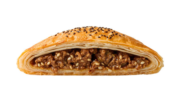 Turkish brek pie triangle with crisp phyllo layers, spicy minced lamb filling, and toasted black sesame seeds on top isolated on white