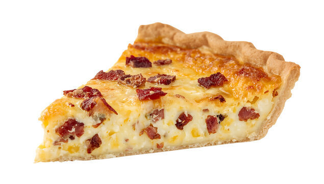 Rustic french quiche lorraine slice with bacon bits, creamy egg custard, and flaky golden crust isolated on white