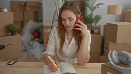 Woman writing in notebook at building table while talking on phone; planning organization...