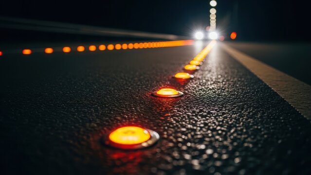 Close-up of reflective orange road studs on a highway at night. Low angle view of illuminated safety markers guiding traffic with approaching car headlights in the background
