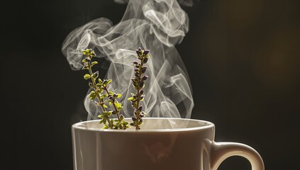 Still Life with Steaming Mug, Plant Stems, and Diffused Light. A Study in Texture.
