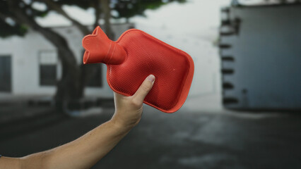 Man holding a red hot water bottle on a city street, showcasing urban life with blurred buildings in the background.