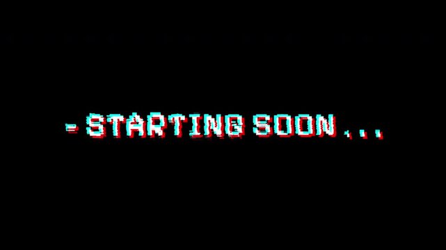 Starting soon glitch retro pixel broadcast streaming suitable for pre-show screens, waiting rooms, or upcoming event announcements for live content.