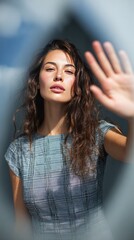 Trendy Woman in Plaid Dress Beneath Blue Sky Light with Hand Gesture