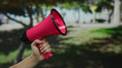 Hand holding pink megaphone in outdoor park setting with blurred greenery providing a vibrant...