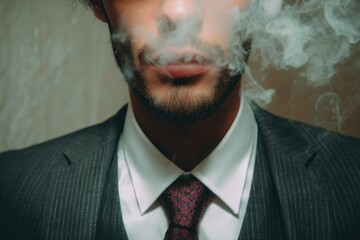 Bearded Man in Suit Exhaling Smoke with Focus on Lips and Smoke Swirls