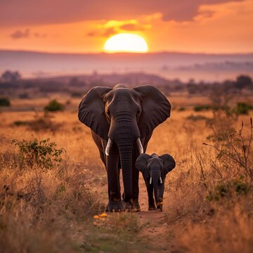 An elephant family Walking through the african savannah, under a setting sun.