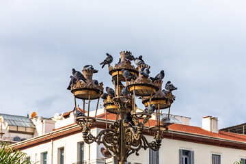 A flock of pigeons perched on an ornate street lamp against a cloudy sky.