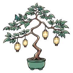 Japanese Bonsai Tree Illustration with Hanging Lanterns and Butterflies