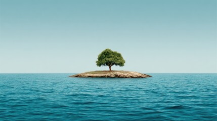 Solitary Tree on a Small Island Surrounded by Vast Ocean Under Clear Blue Sky