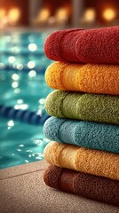 Vibrant Stack of Colorful Towels by a Swimming Pool Edge in Indoor Setting