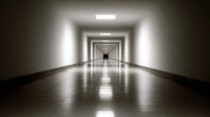 Minimalist Illuminated Corridor with Abstract Geometric Symmetry and Reflections