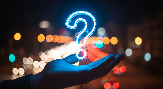 Human hand holding a blue neon question mark against a blurred city night background, representing uncertainty, inquiry, and solution-seeking concept