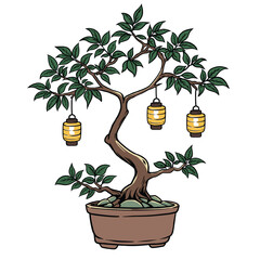 Minimalist Bonsai Tree in Pot with Traditional Yellow Lanterns