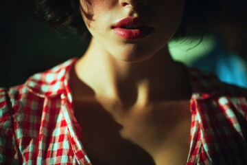 Mysterious Woman in Red Gingham Shirt with Soft Lighting and Shadows