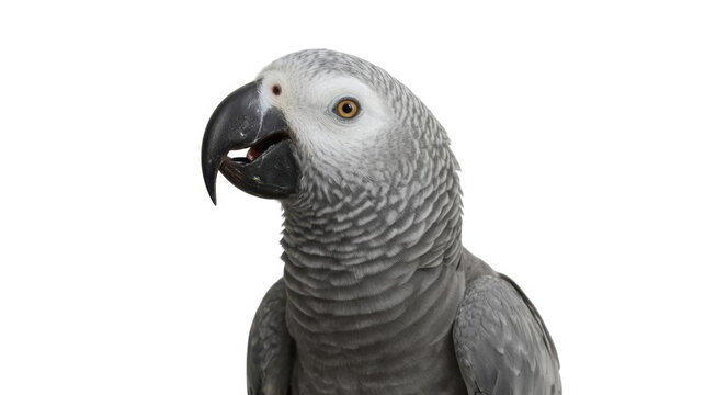 African grey parrot with white face and yellow eyes looking left on white background, close up portrait of a talking bird with black beak