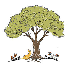 Tree Illustration with Cute Rabbit Sitting on Grass with Flowers
