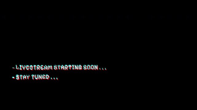 Livestream starting soon gaming retro glitch streaming ideal for live video platforms, online gaming channels, and pre-stream waiting screens.