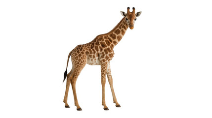 Naklejka premium A giraffe standing on a white background, looking forward with its long neck and legs visible, showcasing its distinctive brown and white spots