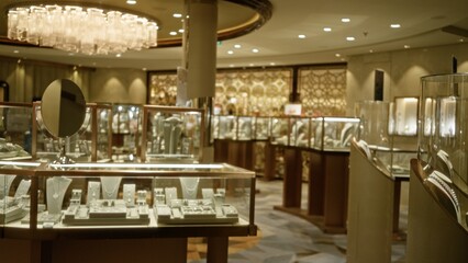 Luxury jewelry showcase displays softly blurred bokeh background shop; background backdrop copyspace calm.