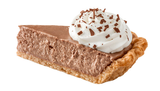 Decadent chocolate cream pie slice with whipped topping and chocolate shavings on flaky crust, isolated on the transparent background