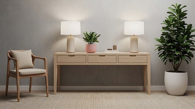 Beige living room with console table and lamps chair