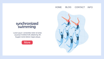 Landing page with a women's synchronized swimming team. Hand drawn vector illustration.