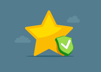 Star next to a shield illustration of a reliable business application program with good quality. Symbol of ambition, motivation and inspiration. Flat vector illustration