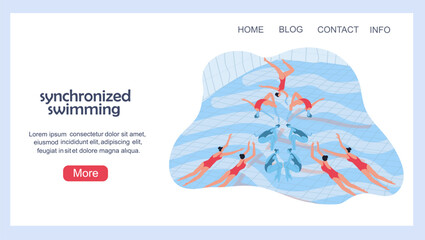 Landing page with a women's synchronized swimming team. Hand drawn vector illustration.
