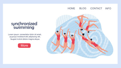 Landing page with a women's synchronized swimming team. Hand drawn vector illustration.