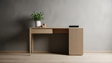 Modern wooden desk with plant and laptop minimalist decor