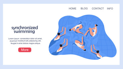 Landing page with a women's synchronized swimming team. Hand drawn vector illustration.