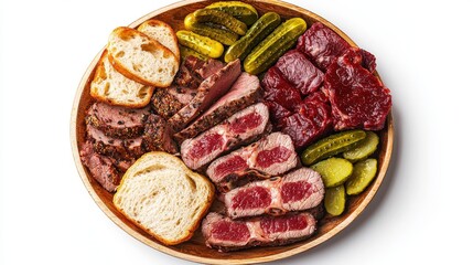 Obraz premium Assorted sliced cured meats including beef steak cold cuts with pickles and bread slices served on a round wooden plate for appetizer or snack