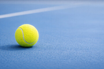 青いコートに置かれた黄色いテニスボール