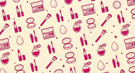 Seamless pattern of makeup and beauty cosmetics hand drawn illustrations. Girly background with lipstick, mascara, eyeshadow palette, perfume, and makeup brushes in pink and cream colors.