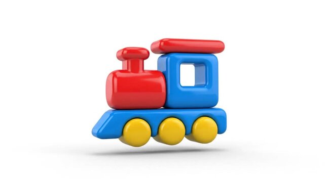 Colorful 3D rendered toy train icon. Simple plastic locomotive for children's play, education, and childhood concepts.