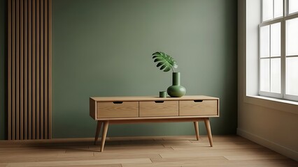 Wooden sideboard with plant in vase against green wall