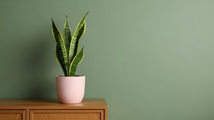 Potted snake plant on wooden cabinet against green wall