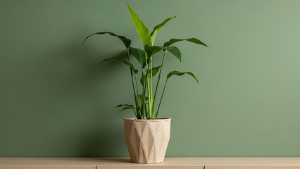 Potted plant on a wooden table against a green wall