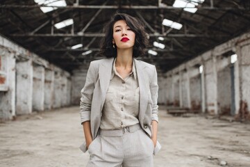 Confident Woman in Stylish Suit Posing in Urban Warehouse Setting for Fashion and Business Theme