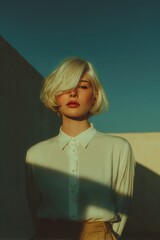 Blonde Woman in Minimalist Sunlight: Stylish Fashion Portrait with Shadows