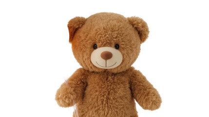 Obraz premium A cute brown teddy bear with a white muzzle and black eyes standing alone on a white background, looking friendly and approachable with a slight smile