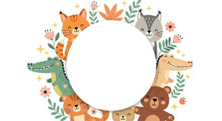 Fototapeta premium Cute animal circle frame with a crocodile cat bear and raccoon surrounded by colorful flowers and green leaves for kids designs.