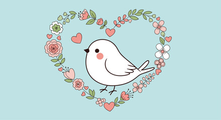 Lovely white bird illustration placed inside a heart-shaped wreath of pink flowers and leaves on a soft blue background image.