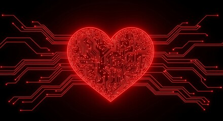 Glowing red heart-shaped circuit board with neon-like pathways on a dark background