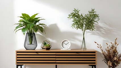 Wooden sideboard with plants and clock vase wooden furniture