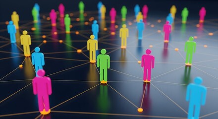 A network of diverse people icons connected by lines on a dark background representing social connections and relationships